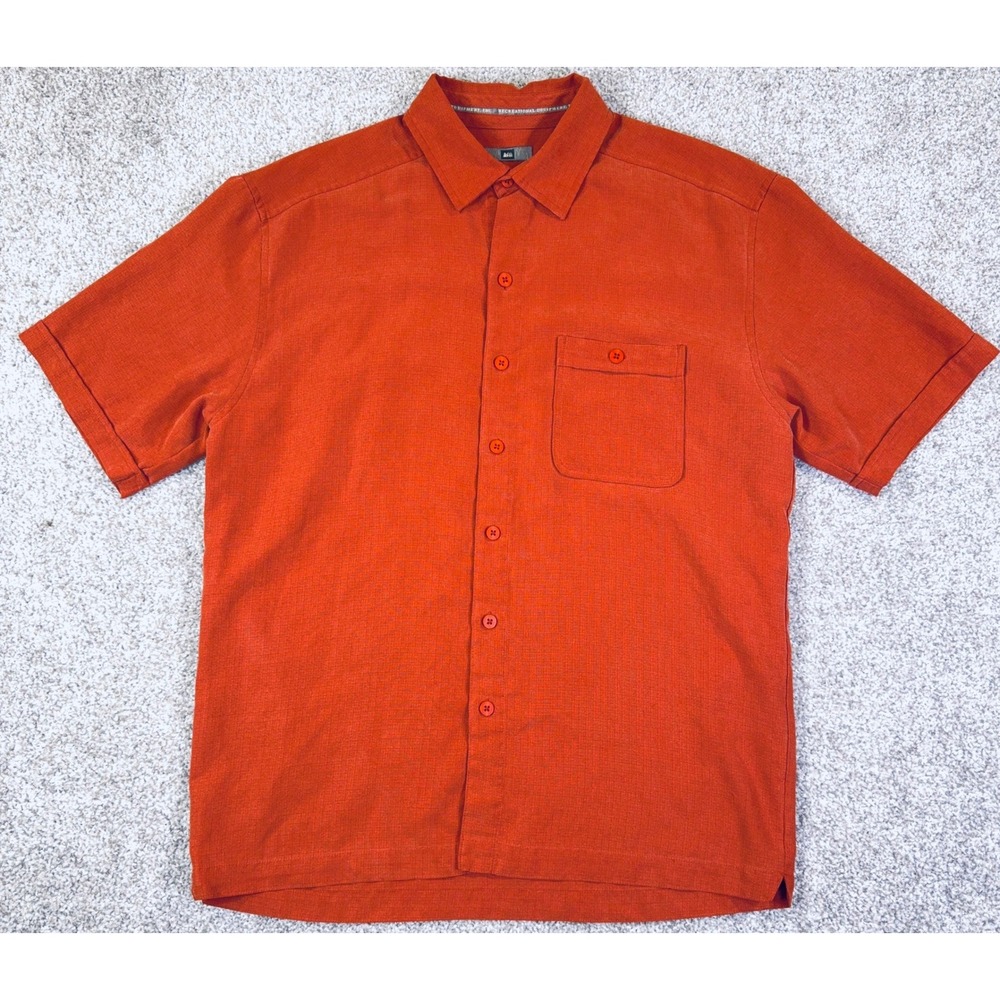 REI Button Up Mens S Orange Short Sleeve Rayon Blend Camp Gorpcore Outdoors